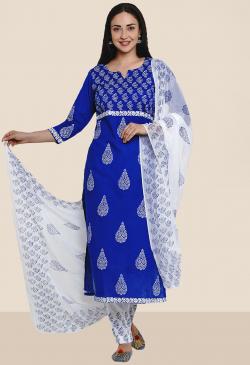 Readymade Baby Blue And White Cotton Printed Suit For Ladies With Chiffon  Dupatta